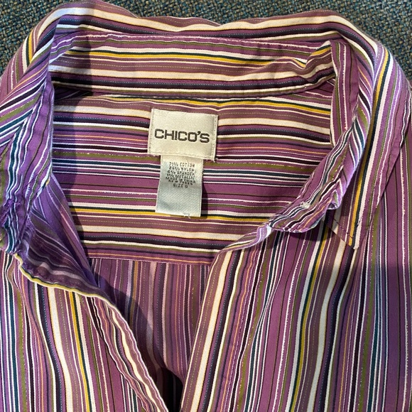 💜 💚Chico’s Long Sleeve White, Black, Purple & Green Striped Button Down Blouse - Picture 7 of 7